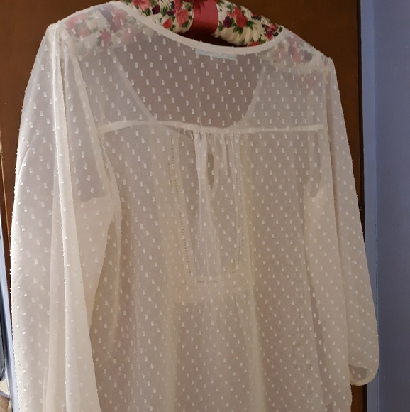 PEASANT/BOHO DOTTY LACE-TRIMMED SHEER BLOUSE , XL - Picture 2 of 6